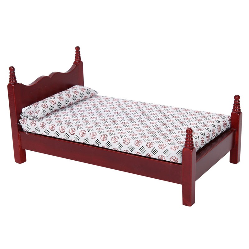 1:12 Doll House Mini Red Wooden Single Bed Furniture Accessory
