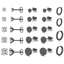 KANOUE 12 Pairs Stainless Steel Small Stud Earrings For Women Multipack,Cubic Zirconia Earrings Set Black Stud Earrings For Women,Hypoallergenic Earrings For Women Hoop Earrings