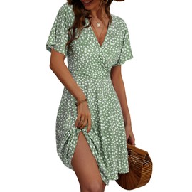 FENSACE Dresses for Women 2025 Casual Wrap V Neck Knee Length Lightweight Green Cottagecore Summer Dress(Floral-32,Medium)