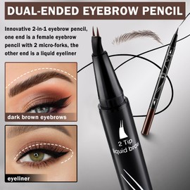 UAOE Eyebrow Pen Brown Eyebrow Microblading Pen 2-in-1 Eyebrow Pencil Natural Wild Rooted Eye Brows Pen Dual-Ended Waterproof 2-Fork-Tip with Black Eyeliner Pen #Dark Brown
