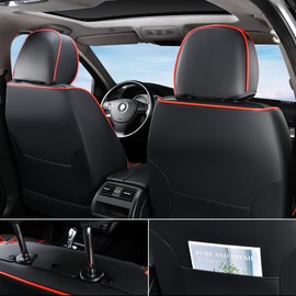 Doogo Front Car Seat Covers, Seat Covers 2 Piece, Automotive Seat Covers, Universal Leather Seat Cushions, Black Driver Seat Protectors for Most Cars Trucks SUV (Black&Red Line,Front Pair)