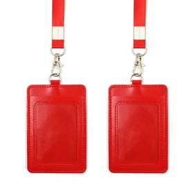 Leather Badge Holder Vertical PU Leather ID Card Holder Wallet with 22 Inch Removable Neck Nylon Lanyard for Office School Driving License (2 Red)