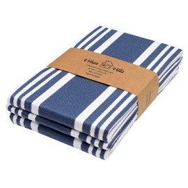 Urban Villa Kitchen Towels Trendy Stripes Blue/White Set of 3 Dish Towels for Kitchen Highly Absorbent 100% Cotton Over Sized 20X30 Inches Kitchen Towels with Mitered Corners Kitchen Hand Tea Towels