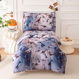 SDIII 4 Piece 3D Dinosaur Toddler Bedding Set Soft Microfiber Dinosaur Toddler Boy Bedding Set with Comforter, Fitted Sheet, Flat Sheet and Pillowcase