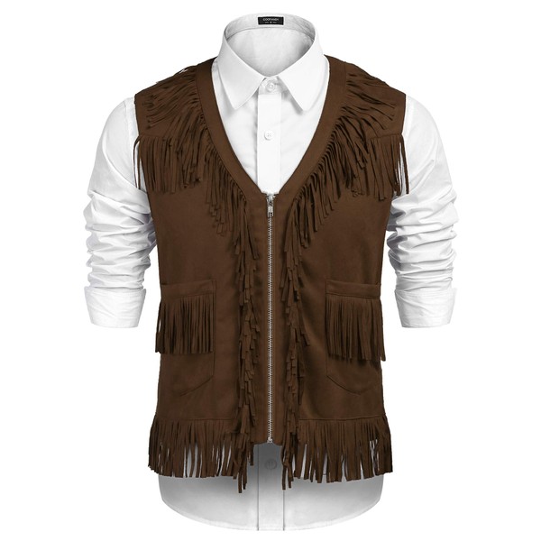 COOFANDY Men's Western Cowboy Vest Casual Fringe Hippie Costume V Neck Zipper Suede Leather Waistcoat
