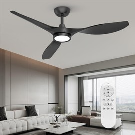 Roomratv Ceiling Fans with Lights, 52 Inch Ceiling Fan with Light and Remote, Black Ceiling Fan, DC Motor, 6 Speed, Quiet Noiseless, 3 CCT, Reversible, Plastic Blades, Indoor for Living Room Bedroom