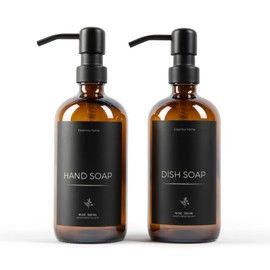 Essentra Home Two 16 oz. Glass Soap Dispensers with Black Pump for Kitchen Sinks, Bathroom Countertop, Shower Refillable Bottles – Waterproof Labels and Foldable Silicon Funnel Included (Amber)