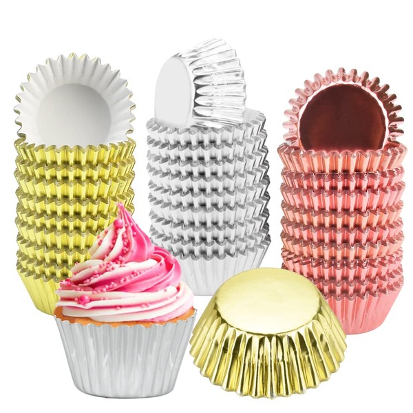 BUENTYA 600 Pcs Mini Foil Metallic Cupcake Liners Muffin Wrappers Baking Muffin Paper Cups Cases Foil Baking Cups Cupcake Paper Cases for Home Weddings Birthdays DIY Handmade (Gold Silver & Rose Gold)