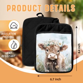 GOOZHO Floral Highland Cow Pot Holders with Pockets, Cow Lovers Gifts for Women Oven Pot Holders Heat Resistant Oven Mitts Hot Pads for Kitchen Baking Cooking