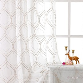 VISIONTEX Moroccan Embroidered White Sheer Curtains Panels, Decor French Textured Rod Pocket Voile Tulle Semi Window Trellis Drapes for Bedroom, Set of 2, 54 x 84 inch, Light Brown