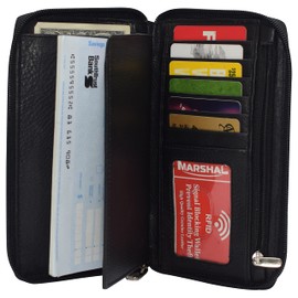 MARSHAL RFID Blocking Genuine Leather Long Bifold Zipper Checkbook Cover Wallet (Black)