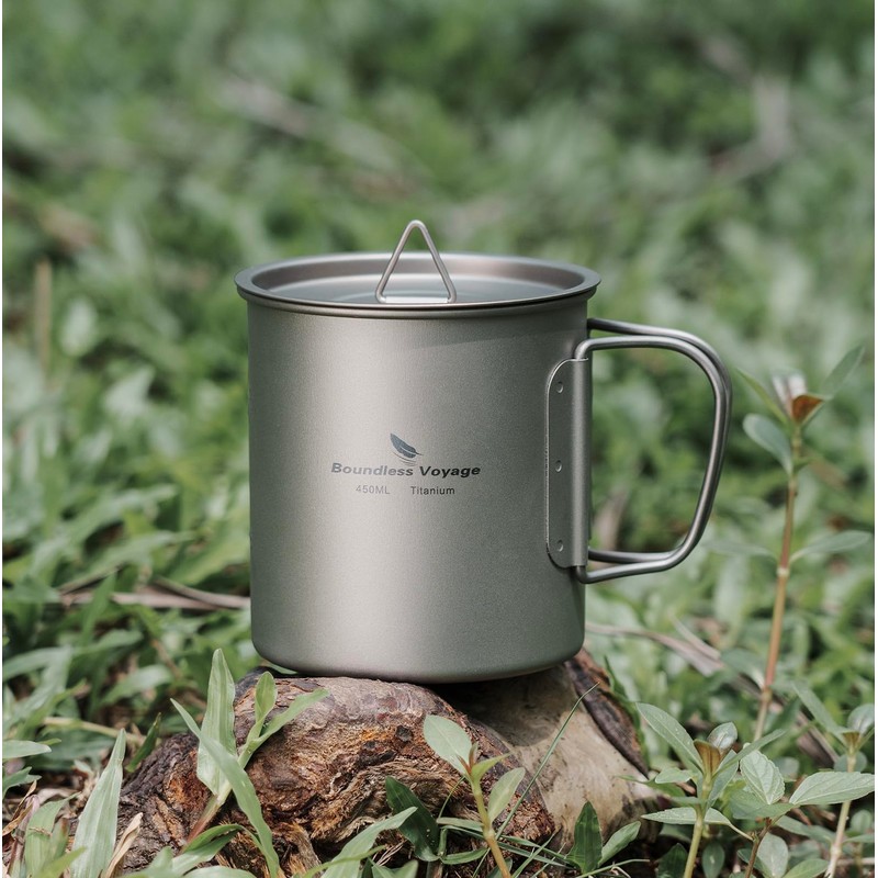 Boundless Voyage Single Walled Titanium Cup with Lid Folding Handle