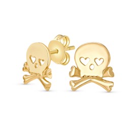 Whimsical Sweet Small Heart Eyes Caribbean Pirate Skull & Crossbones Stud Earrings For Women Teen Yellow Gold Plated .925 Sterling Silver