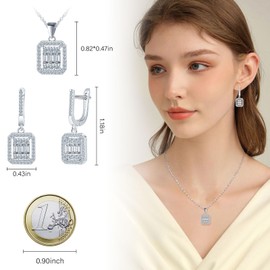 MICMIF Jewellery Set Women's Elegant 925 Silver Square Pendant Necklace Earrings Set Zirconia Earrings Hanging Silver Chain 45 cm Birthday Anniversary Jewellery for Girlfriend Wife, Sterling Silver