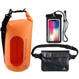 Freegrace - Juego de 3 bolsas secas impermeables con 2 cierres de cierre y correa de hombro desmontable, bolsa de cintura y funda para teléfono, se pueden sumergir en agua, para natación (naranja