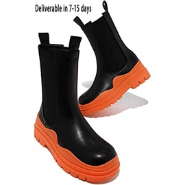 SANIOOOI Women Platform Chelsea Bootie,Fashion Mid Calf Boots Chunky Double Heel Round Toe Slip on Thick Sole (Orange,10)