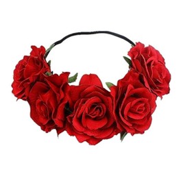 Rose Flower Crown, Floral Headband for Women and Girls - Red Artificial Rose Hair Wreath with Headband for Festival Wedding Party Decoration Photography