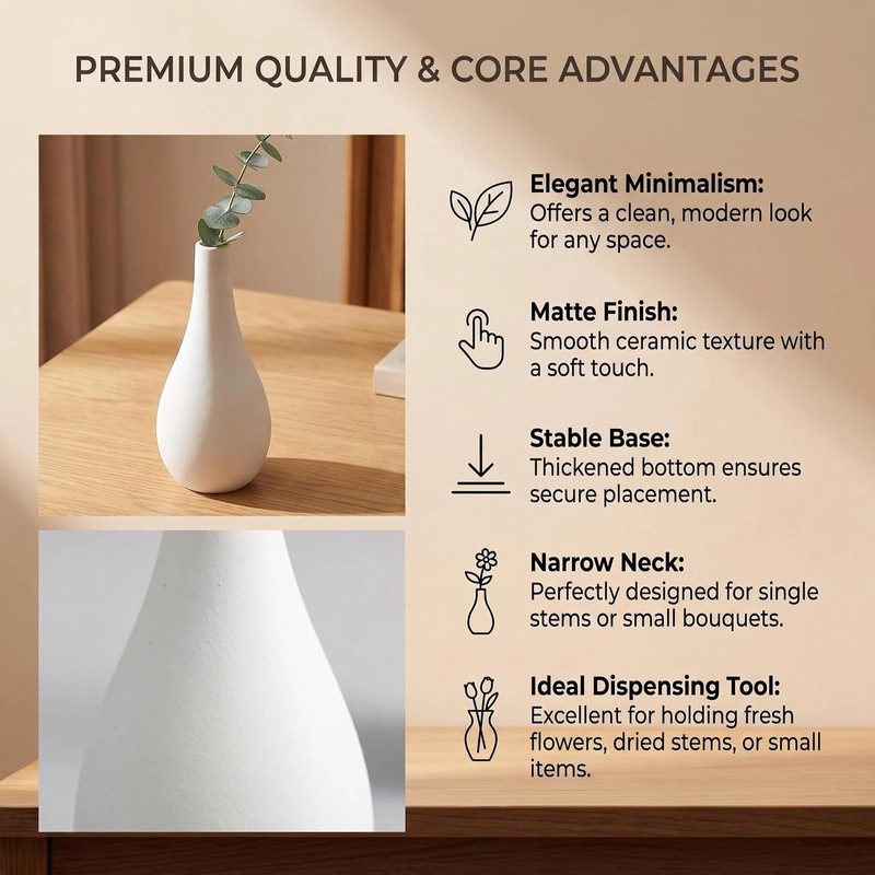 6.5 Inch White Ceramic Bud Vase Narrow Neck Small Flower