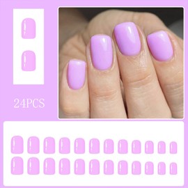 24Pcs Short Square Press on Nails Light Purple Fake Nails Pure Color Short Full Cover Artificial Nails Gloss Glue on Nails Reusable Stick on Nails Holiday DIY False Nail Art for Women Girls