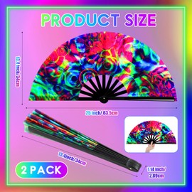 Boao 2 Pcs Large Rave Folding Hand Fans for Men Women Festival Fan Chinese Foldable UV Glow Fan with Bags for Line Dancing, Kungfu, Music Festival Party, Disco, Performance(Disco Bass)