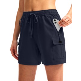 SANTINY - Pantalones cortos de senderismo para mujer, de secado rápido, ligeros, para verano, viajes, golf, con bolsillos con cierre, marino, XXL