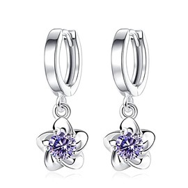 Salanda Sterling Silver CZ Dangle Earrings, Purple Plum Blossom Drop Earrings, Female Hypoallergenic Gift