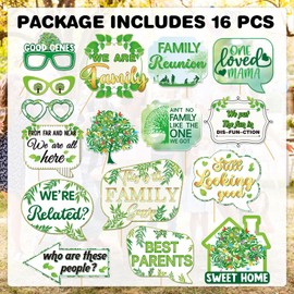 16Pcs Family Reunion Photo Booth Props, Happiness Sweet Family Gathering Party Photo Booth Props Tree Reunion Theme Mug Shots Decorations Supplies