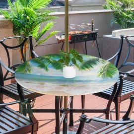 Peaom Tropical Beach Coconut Tree Outdoor Tablecloth with Umbrella Hole, Round Elastic Fitted Table Cloth with Zipper, Waterproof Picnic Patio Table Covers Fits 36-44 in Tables