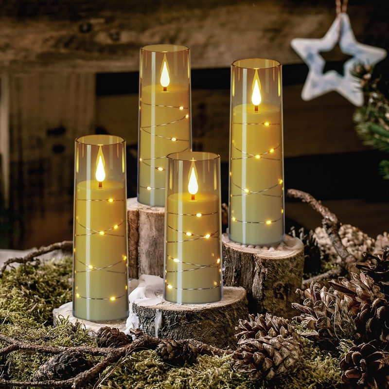 Wondise Flameless Flickering Candles with Embedded Star String Remote and