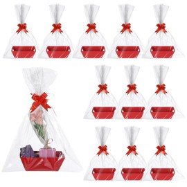 36 Pcs Empty Gift Basket Set , 12 Gift Baskets Empty To Fill - Sturdy Cardboard Tray With Handles, 12 Bags and 12 Red Bows for Holiday, Birthday, Valentines Day and Any Occasion, 9.8 x 6.7 x 3.5 in