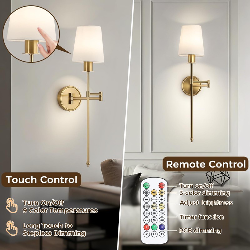 Bicrink Battery Operated Wall Sconces Set of 2, Wireless Rechargeable
