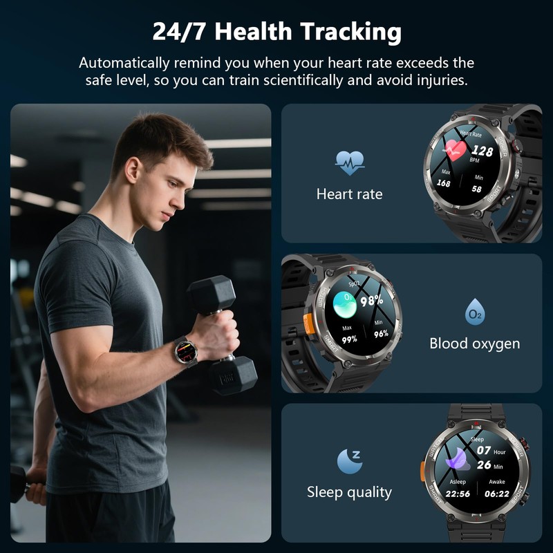 Military Tactical Smart Watches for Men with Compass/Flashlight