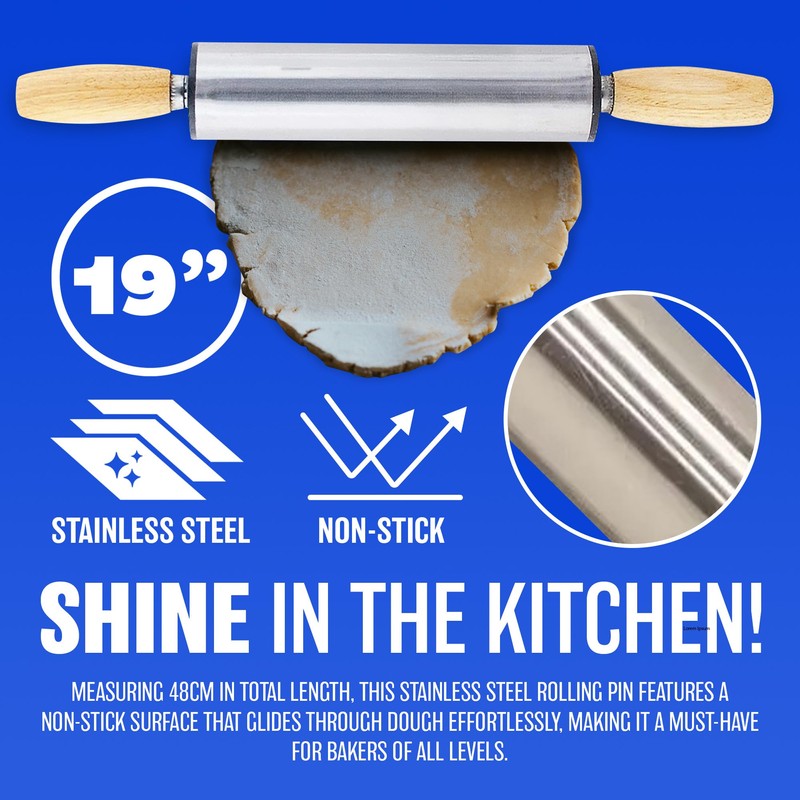 Stainless Steel Non Stick 19" Rolling PIN Pastry Dough Baking