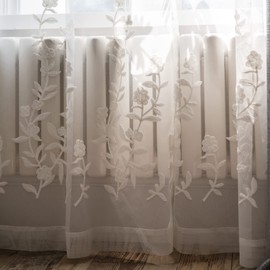 Melodieux Flower Embroidery Sheer Curtain for Living Room Patio Sliding Door Wide Window Rod Pocket Voile Drape, White Flower, 100 by 96 Inch (1 Panel)