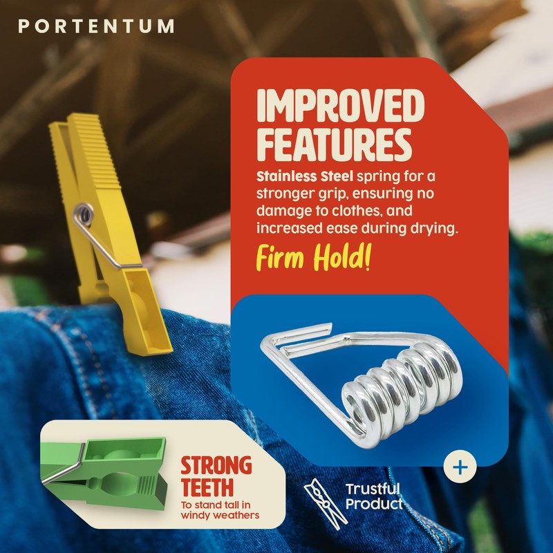 PORTENTUM Recycled Plastic Clothes Pegs, Pack of 40, Multicoloured, Environmentally