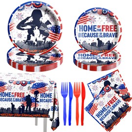 Memorial Day Decorations Tableware 121Pcs,Patriotic Soldier 4th of July Tableware set,Home of The Free Because of The Brave,Independence Day Disposable Plates,Napkins,Tablecloth,Forks and Knives
