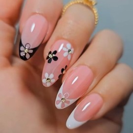 Flower Press on Nails Almond Fake Nails Medium Glossy Stick on Nails with Rhinestone Design Natural Full Cover False Nails Artificial Acrylic Nail French Tip Glue on Nails for Women Manicure 24Pcs