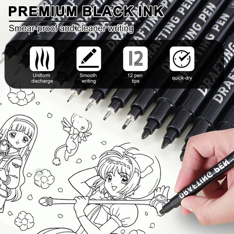 Yeria Black Drawing Pens, 12 Pack Black Fineliner Pens, Technical