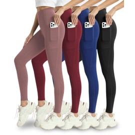 Mlenhor 4 Pack Leggings with Pockets for Women - Soft High Waisted Tummy Control Workout Yoga Pants (US, Alpha, Large, Regular, Regular, 4 Pack-Pink/Burgundy/Blue/Black)