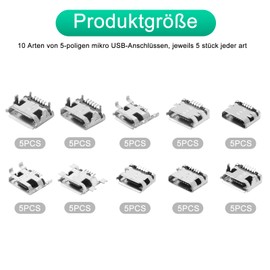 UOCAI Pack of 50 Micro USB Female Connector Micro USB Female for Soldering Micro USB Male Solderable 5-Pin Dip 180 Degree 10 Models 5 Pieces of Each Type Connector
