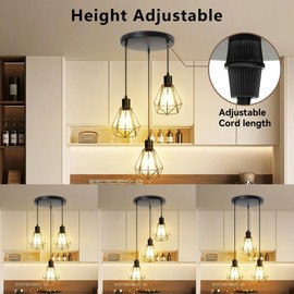 LTBLIGHT 3-Light Adjustable Industrial Pendant Lighting Matte Black Metal Round Chassis Cage Farmhouse Pendant Light Fixtures with E26 Base for Kitchen Island, Dining Room & Hallway