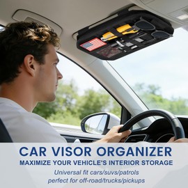 Car Sun Visor Organizer, Multi-Pocket Tactical Visor Storage with Zipper and Sunglasses Holder Clip, Semi-Rigid Molle Panel Car Visor Accessories for Truck, SUV, Patrols, Pickups