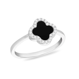 Tuscany Silver Damen-Ring aus Sterlingsilber, rhodiniert, 11 mm Kleeblatt mit schwarzem Achat und 1,1 mm weißen Zirkonia, Größe P