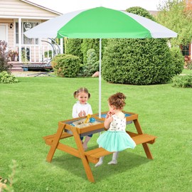 Olakids Kids Picnic Table, 4 in 1 Outdoor Toddler Sand Water Wooden Table and Chair Set with Removable Umbrella, Children Activity Furniture Bench Set for Patio Garden Backyard