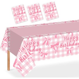 MAYSUN 3 Pieces Pink Bow Tablecloth 54x108in Checkered Bow Theme Birthday Party Disposable Rectangle Table Cover for Girl Bachelorette Bridal Baby Shower Kitchen Dining Decorations