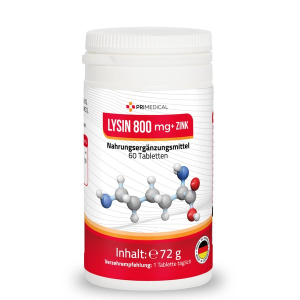 L-Lysine 800 mg Tablets Essential Amino Acids + Zinc 5 mg primedical 2 Month Pack 1 x 60 Tablets