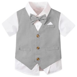 SANGTREE Boys' Gentleman Bowtie Formal Outfit V Neck Vest Wedding Party Suit, Linen Short Grey, 18-24 Months = Tag 90