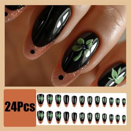 24Pcs Shamrock Press on Nails Medium Almond Fake Nails Lucky Leafs with Rhinestones Glue on Nails Irish Clover False Nails Glitter French Tip Press ons St Patricks Day Stick on Artificial Nails Charms
