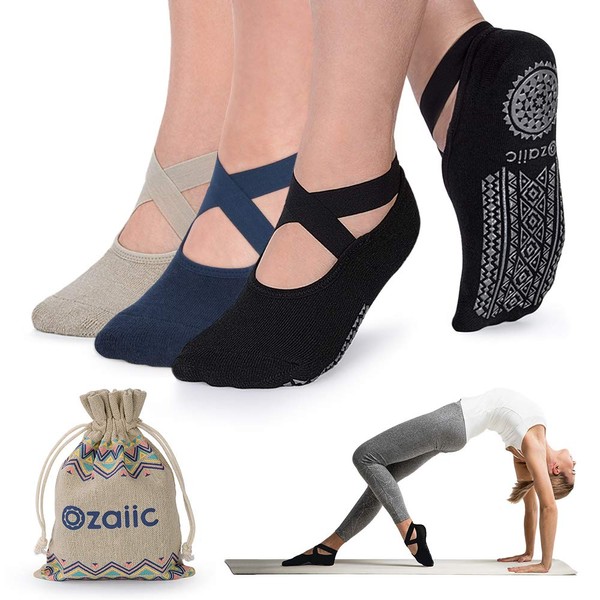 Ozaiic Non Slip Socks for Yoga Pilates Barre Fitness Hospital Socks for Women (3 Pairs - Olive Green/Black/Navy)