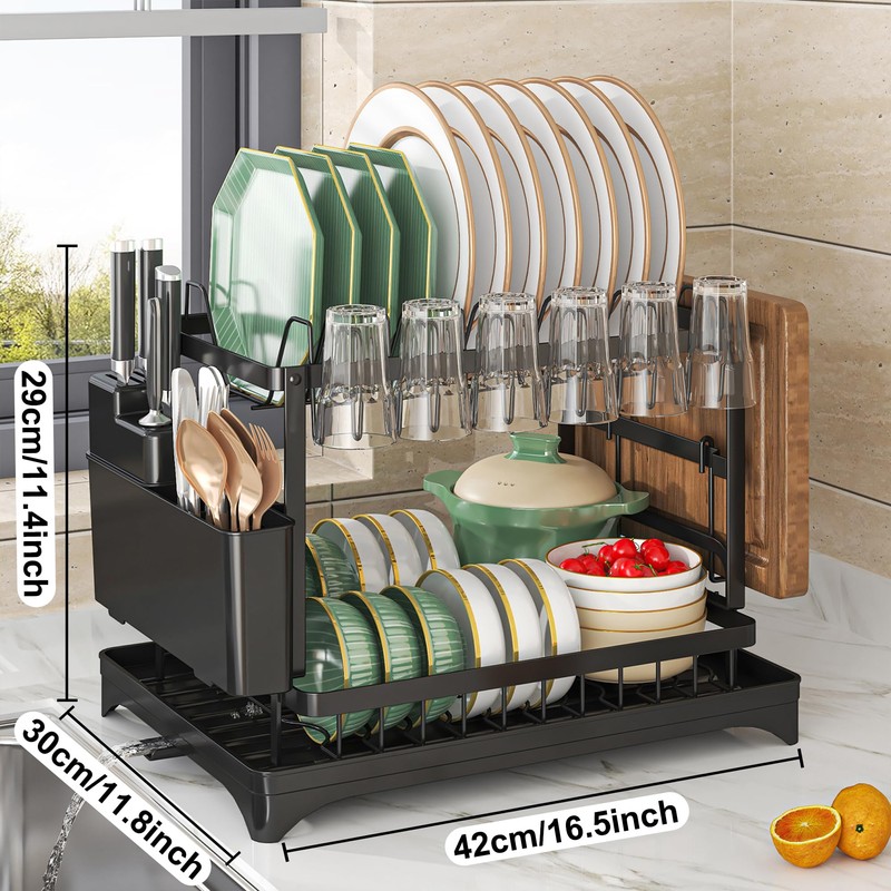 Dish Drying Rack 2 Tier,Space-Saving Dish Drainer with 360° Rotating